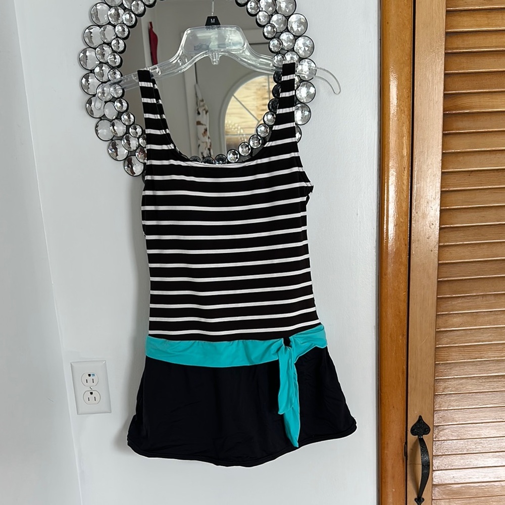 Black and White Striped Swimsuit with Teal Accent